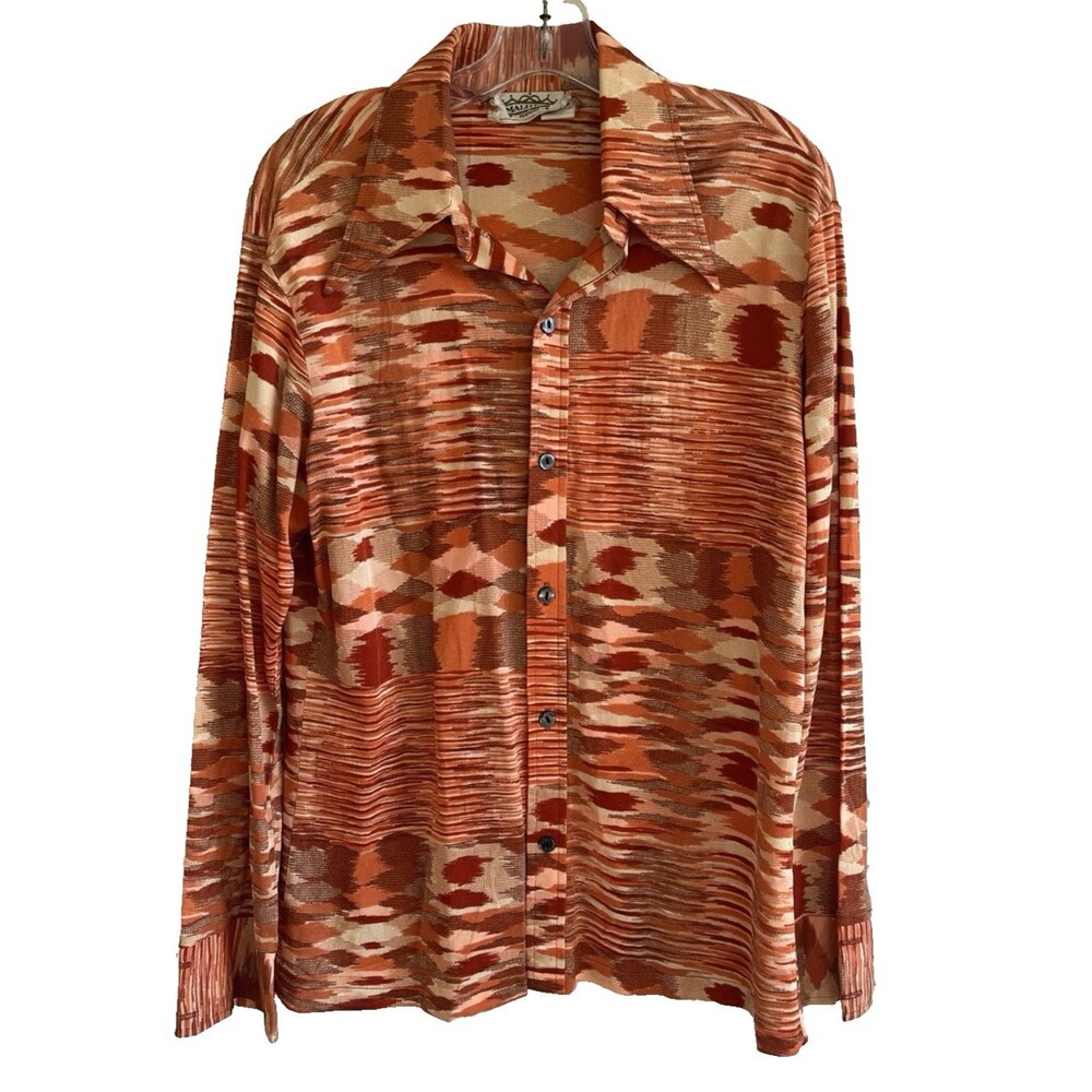 MALIHINI Vintage Hawaiian Aloha Mens Shirt Orange 70's Long Sleeve Retro Size L